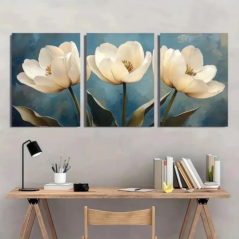 3pcs White Tulips Floral Watercolor Art Prints Metal Print Ready to Hang Art - Bella Home Decor