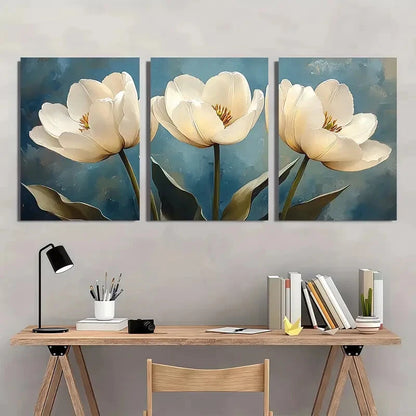 3pcs White Tulips Floral Watercolor Art Prints Metal Print Ready to Hang Art - Bella Home Decor