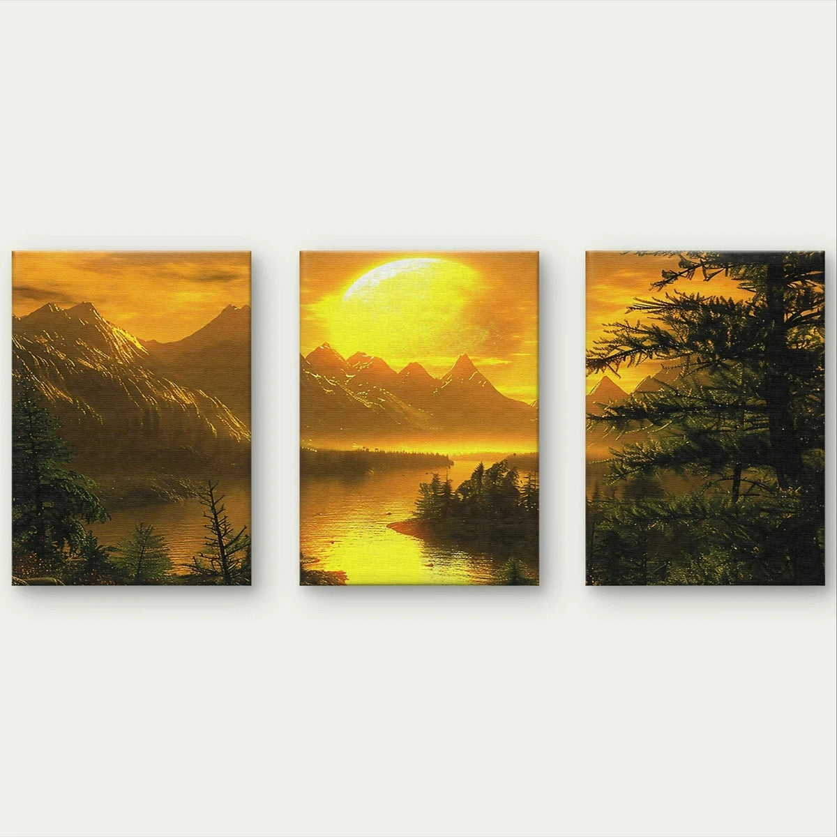 3pcs Golden Hour Mountain Lake Landscape Painting Wall Art Set Canvas Framed 40x60cm - High Quality Print 100% Australian Made Wall Canvas Ready to Hang