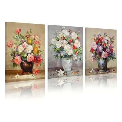 3pcs Vase And Pink, Red, Purple, And White Flower Wall Art Set Canvas Unframed - High Quality Print 100% Australian Made Wall Canvas