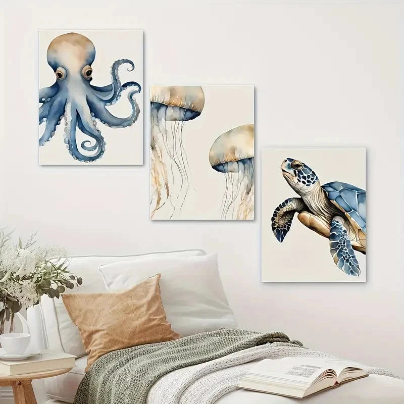 3pcs Octopus and Turtle  Wall Art Set Canvas Framed 60x90cm - High Quality Print 100% Australian Made Wall Canvas Ready to Hang