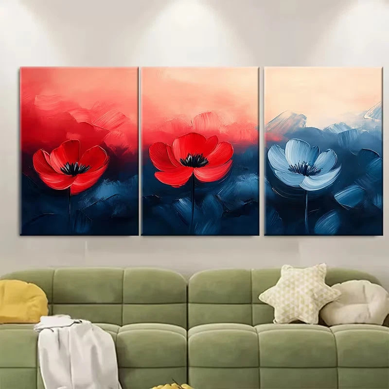 3pcs Vibrant Abstract Red and Blue Brushstroke Metal Print Ready to Hang Art - Bella Home Decor