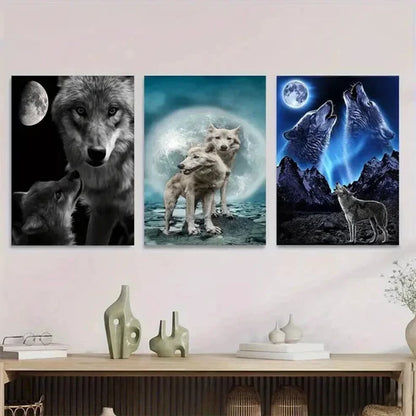 3pcs Moonlit Night Scene Stunning Wolf Wall Art Set Canvas Unframed - High Quality Print 100% Australian Made Wall Canvas