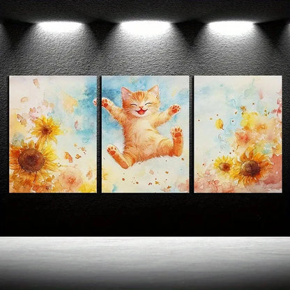 3pcs The Cat Is Playing in The Sunflower Field Metal Print Ready to Hang Art - Bella Home Decor