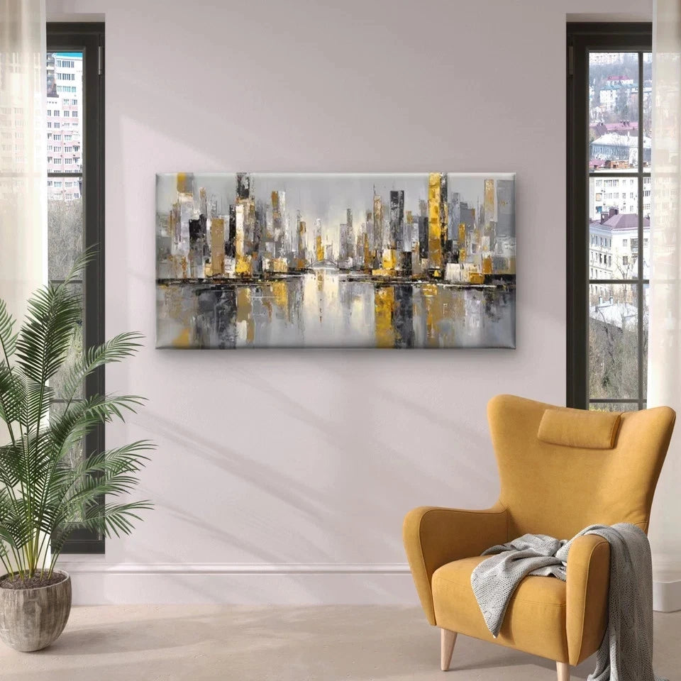 Urban Skyline with Golden Hues Wall Art Canvas Office Home Room Framed 120x60cm