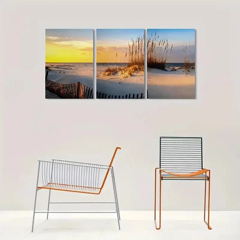 3pcs Beach Sunset Fence Grasses Metal Print Ready to Hang Art - Bella Home Decor
