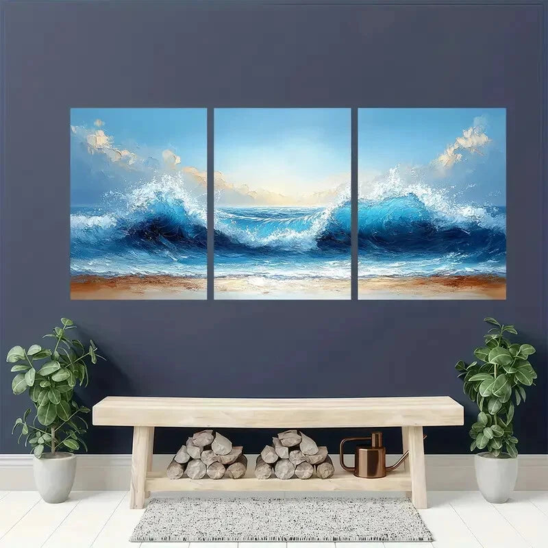 3pcs Vibrant Blue Sea Waves Abstract Beach Scene Metal Print Ready to Hang Art - Bella Home Decor