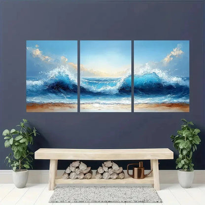 3pcs Vibrant Blue Sea Waves Abstract Beach Scene Metal Print Ready to Hang Art - Bella Home Decor