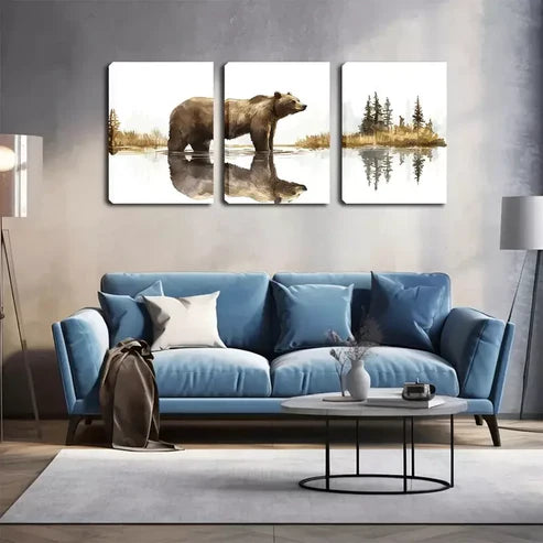 3pcs Bear Standing on The Lake Wall Art Set Wall Art Canvas Unframed - High Quality Print 100% Australian Made Wall Canvas