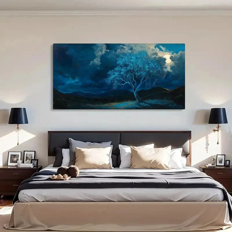 Surreal Glowing Blue Tree Moon Wall Art Canvas Office Home Room Framed 120x60cm - Bella Home Decor