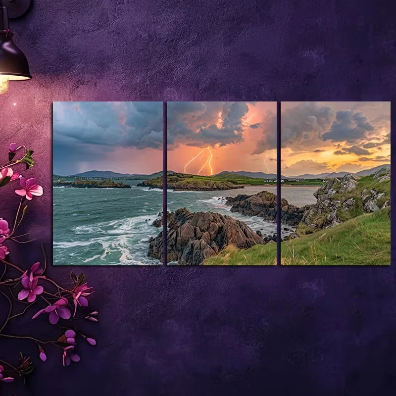 3pcs Stormy Coastline Illustration Wall Art Set Canvas Framed 60x90cm - High Quality Print 100% Australian Made Wall Canvas Ready to Hang