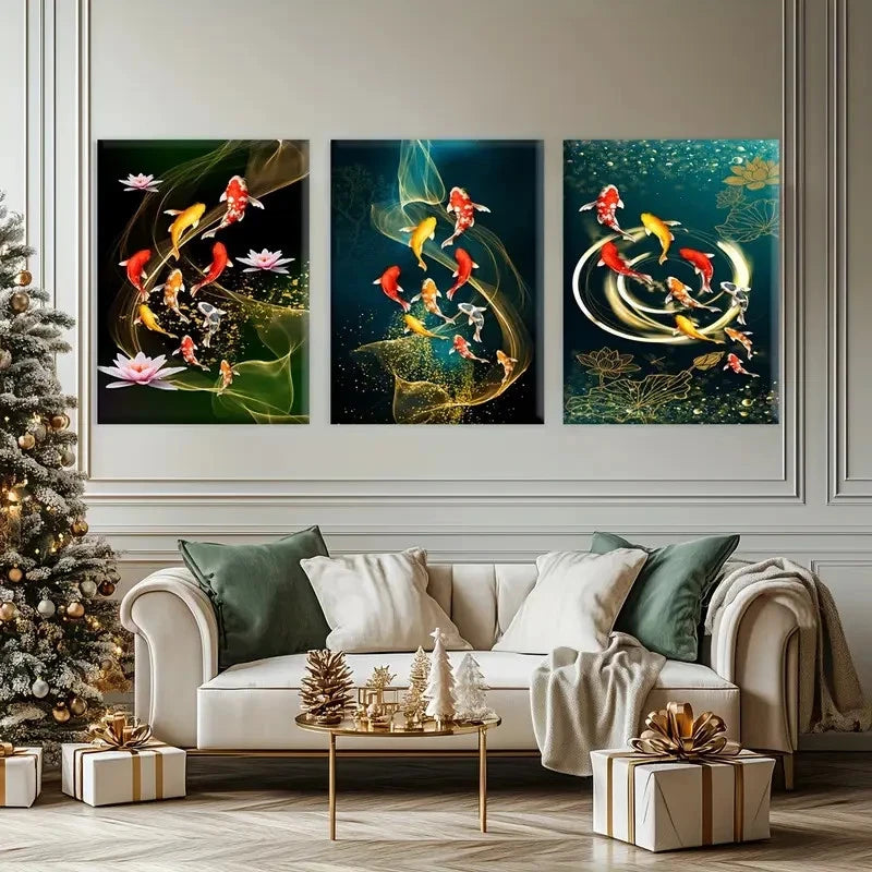 3pcs Koi Fish Oil Painting Prints Metal Print Ready to Hang Art