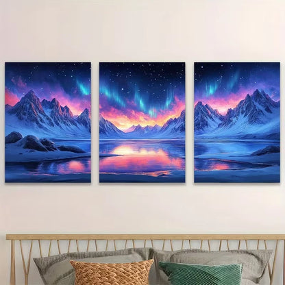 3pcs Northern Lights Over Snowy Mountains   Wall Art Set Canvas Framed 40x60cm - High Quality Print 100% Australian Made Wall Canvas Ready to Hang - Bella Home Decor