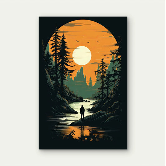 Lone Traveller in Forest Sunset Silhouette 40x60cm Metal Print Ready to Hang