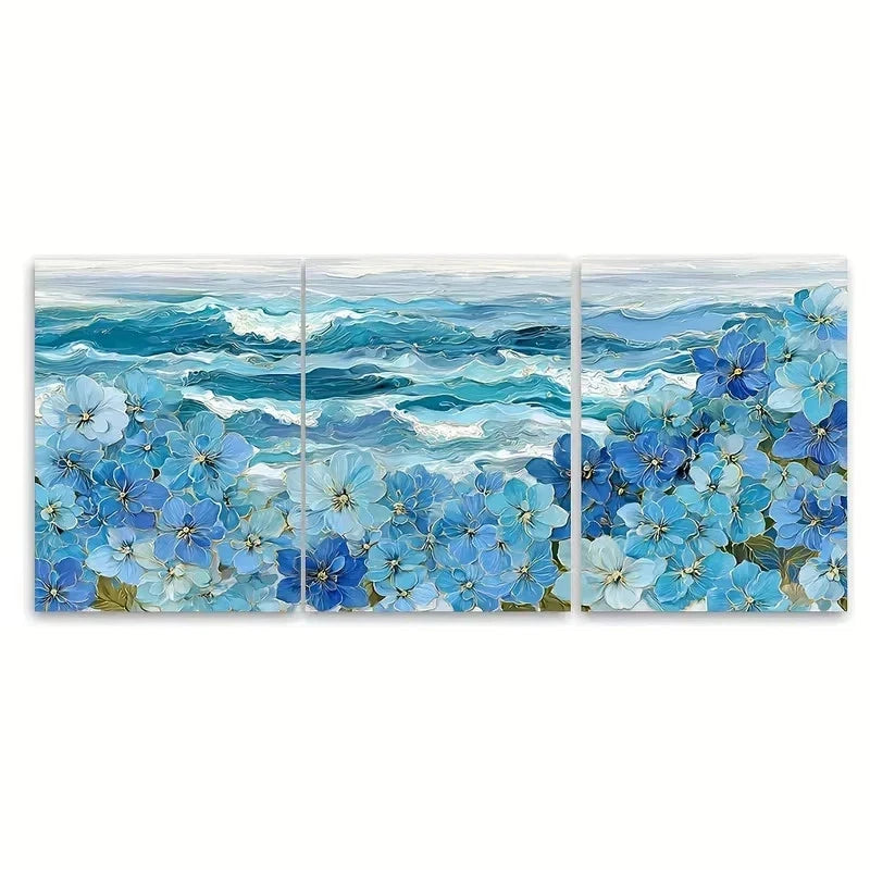 3pcs Blue Flowers And an Ocean Landscape Wall Art Set Canvas Framed 60x90cm - High Quality Print 100% Australian Made Wall Canvas Ready to Hang - Bella Home Decor