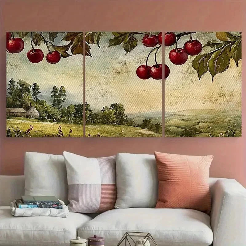 3pcs Cherries Rustic Landscape Farmhouse Metal Print Ready to Hang Art - Bella Home Decor