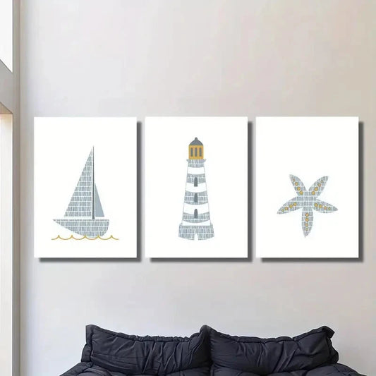 3pcs Cartoon watercolor sailing ship lighthouse Metal Print Ready to Hang Art