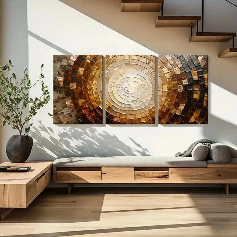 3pcs Abstract Spiral Mosaic Art Golden Brown Metal Print Ready to Hang Art - Bella Home Decor