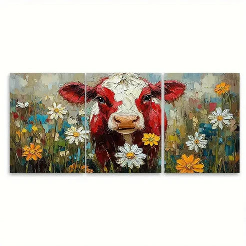 3pcs Playful Red Cow with Daisy Country Wall Art Canvas Unframed - High Quality Print 100% Australian Made Wall Canvas