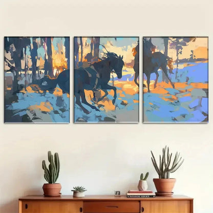 3pcs Abstract Running Horses in Forest Landscape Metal Print Ready to Hang Art - Bella Home Decor