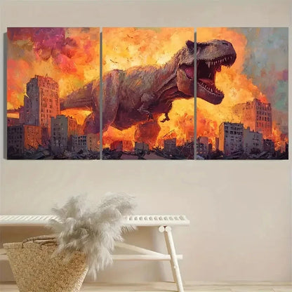 3pcs Epic T-Rex in Cityscape, Retro Kaiju Wall Art Set Canvas Framed 60x90cm - High Quality Print 100% Australian Made Wall Canvas Ready to Hang