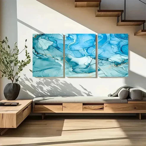 3pcs Abstract Teal Blue with Golden Veins Art Set Canvas Unframed - High Quality Print 100% Australian Made Wall Canvas - Bella Home Decor