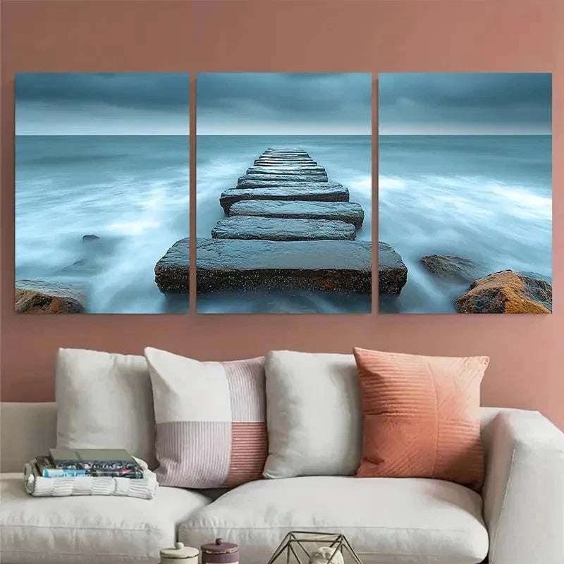 3pcs Coastal Seascape Rocky Sandy Pier Photography Metal Print Ready to Hang Art - Bella Home Decor