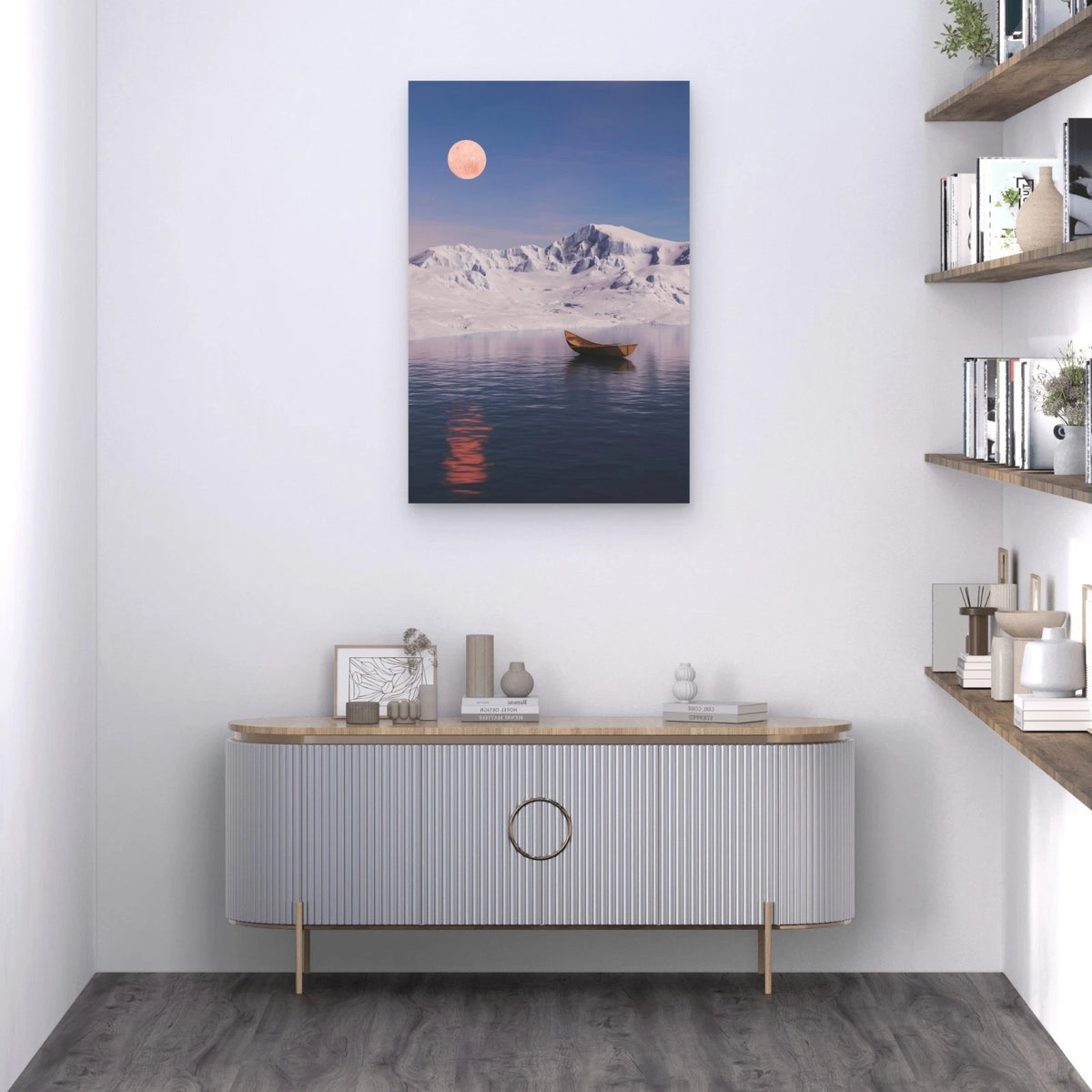 Pink Moon Over Frozen Mountain Range and Serene Water 40x60cm Metal Print Ready to Hang