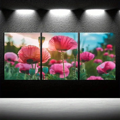3pcs Vibrant Charming Cloudy Sky & Flower Fields Metal Print Ready to Hang Art - Bella Home Decor