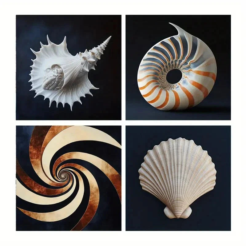 4pcs Farmhouse Seashell Spiral Patterns Wall Art Canvas Framed
