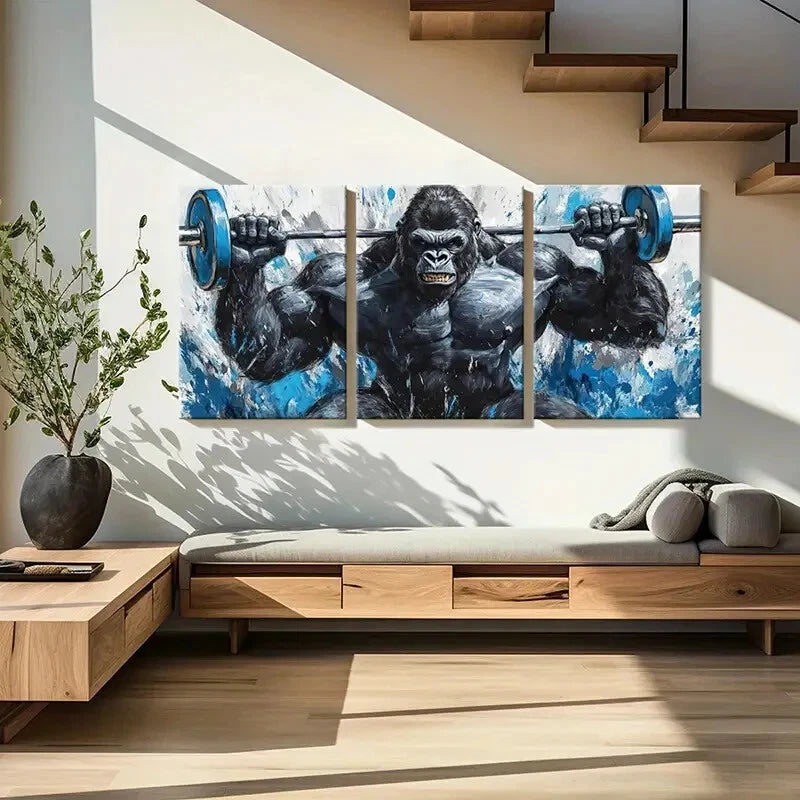 3pcs Gorilla Weightlifting Abstract Fitness Metal Print Ready to Hang Art - Bella Home Decor