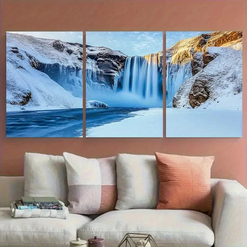 3pcs Skogafoss Icelandic Waterfall Winter Scene Metal Print Ready to Hang Art - Bella Home Decor