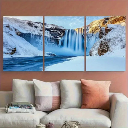 3pcs Skogafoss Icelandic Waterfall Winter Scene Metal Print Ready to Hang Art - Bella Home Decor