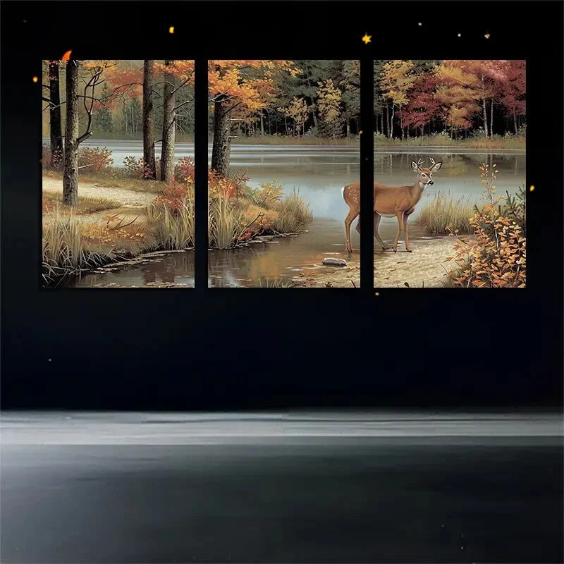 3pcs Autumn Forest Deer with Lake Scene Metal Print Ready to Hang Art - Bella Home Decor