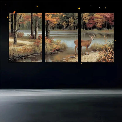3pcs Autumn Forest Deer with Lake Scene Metal Print Ready to Hang Art - Bella Home Decor