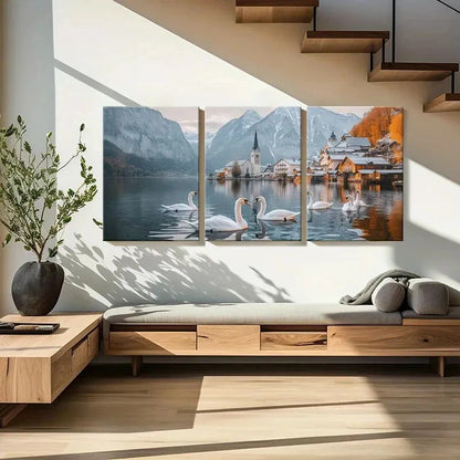 3pcs Swan Alpine Village Snowy Peaks Metal Print Ready to Hang Art - Bella Home Decor