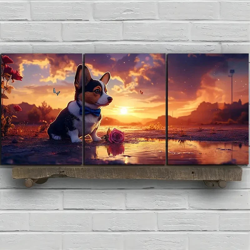 3pcs Corgi Dog with Bow Tie Nature Metal Print Ready to Hang Art - Bella Home Decor