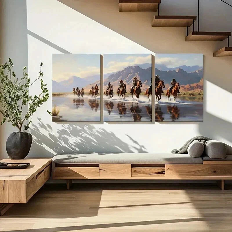3pcs Cowboys Herd Of Horses River Mountains Wall Art Set Canvas Framed 60x90cm - High Quality Print 100% Australian Made Wall Canvas Ready to Hang - Bella Home Decor