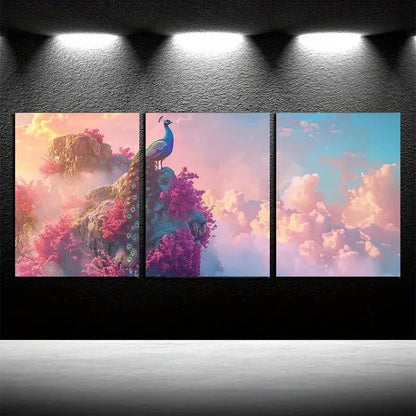 3pcs Vibrant Peacock on Blossoming Tree Metal Print Ready to Hang Art - Bella Home Decor