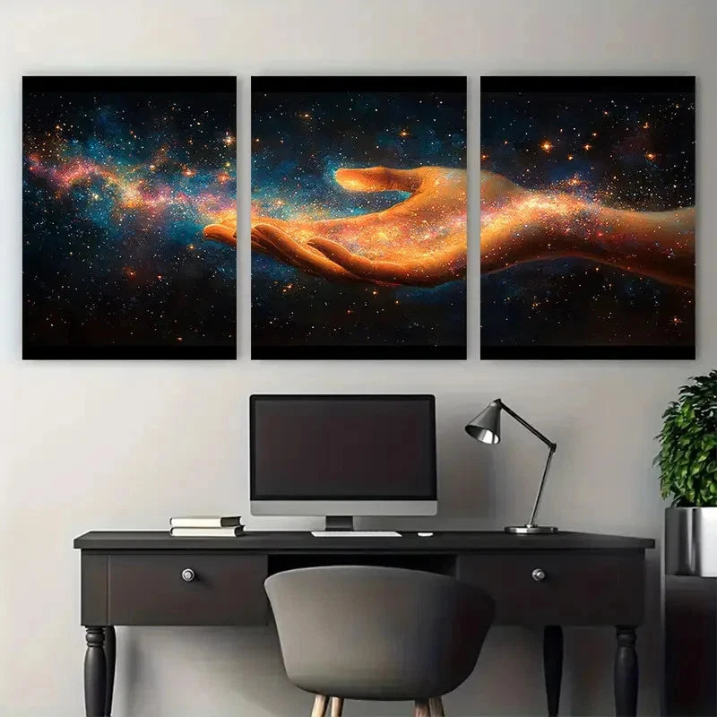 3pcs Cosmic Friendship Hand Holding Galaxy Design Metal Print Ready to Hang Art - Bella Home Decor