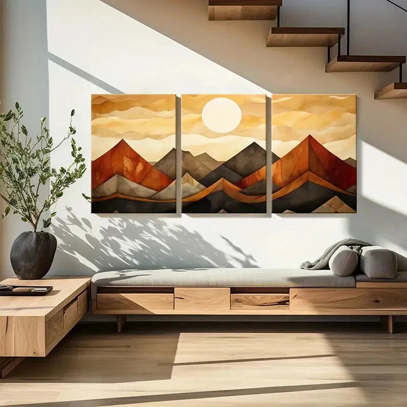 3pcs Abstract Mountain Landscape Art Geometric Metal Print Ready to Hang Art - Bella Home Decor