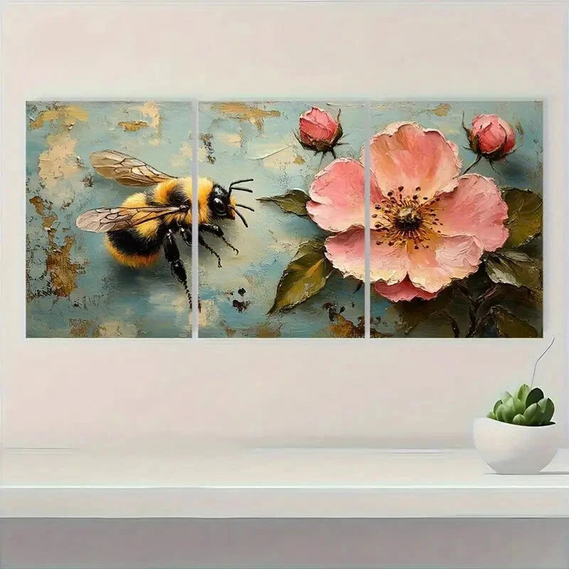 3pcs Vibrant Bee and Pink Rose Floral Art Set Metal Print Ready to Hang Art - Bella Home Decor