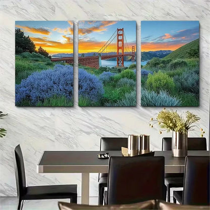 3pcs , Vibrant Orange Sunset Bridge Metal Print Ready to Hang Art - Bella Home Decor