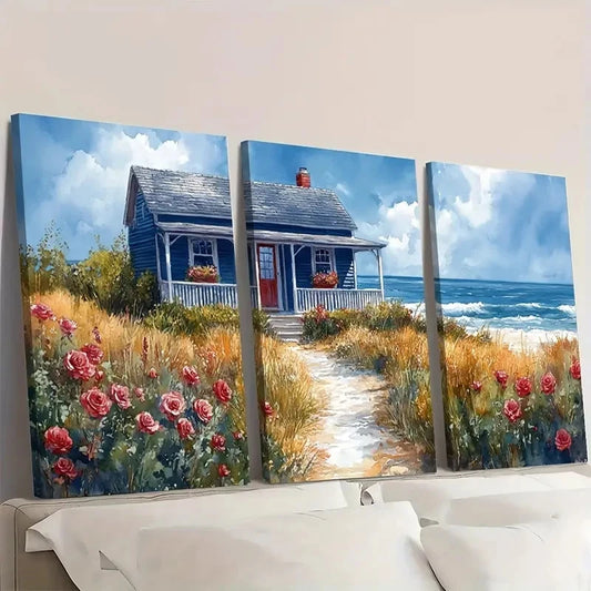 3pcs Beach House Painting Cape Cod FT Wall Art Set Canvas Framed 60x90cm - High Quality Print 100% Australian Made Wall Canvas Ready to Hang
