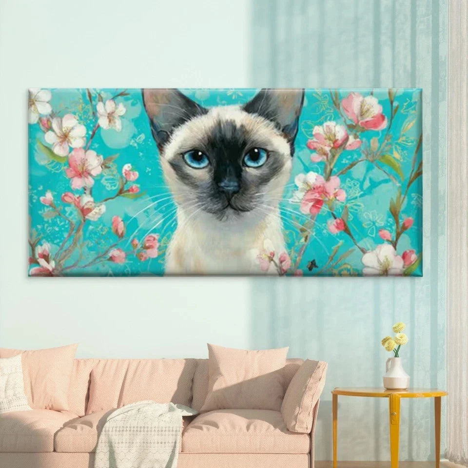 Siamese Cat Turquoise & Pink Wall Art Canvas Office Home Room Framed 120x60cm