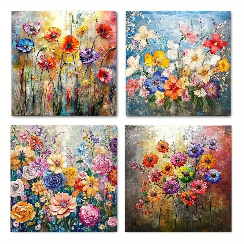 4pcs Vibrant Floral Modern Wall Art Canvas Framed