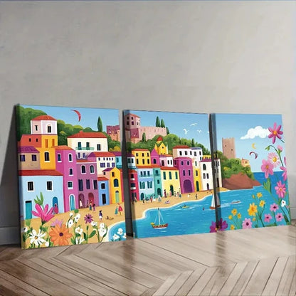 3pcs Vibrant Mediterranean Town Wall Art Canvas Unframed - High Quality Print 100% Australian Made Wall Canvas