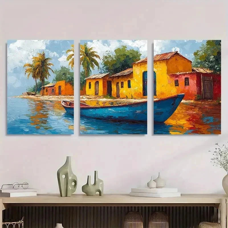 3pcs Village Landscape Impascto Perfect Wall Art Set Canvas Framed 50x70cm - High Quality Print 100% Australian Made Wall Canvas Ready to Hang