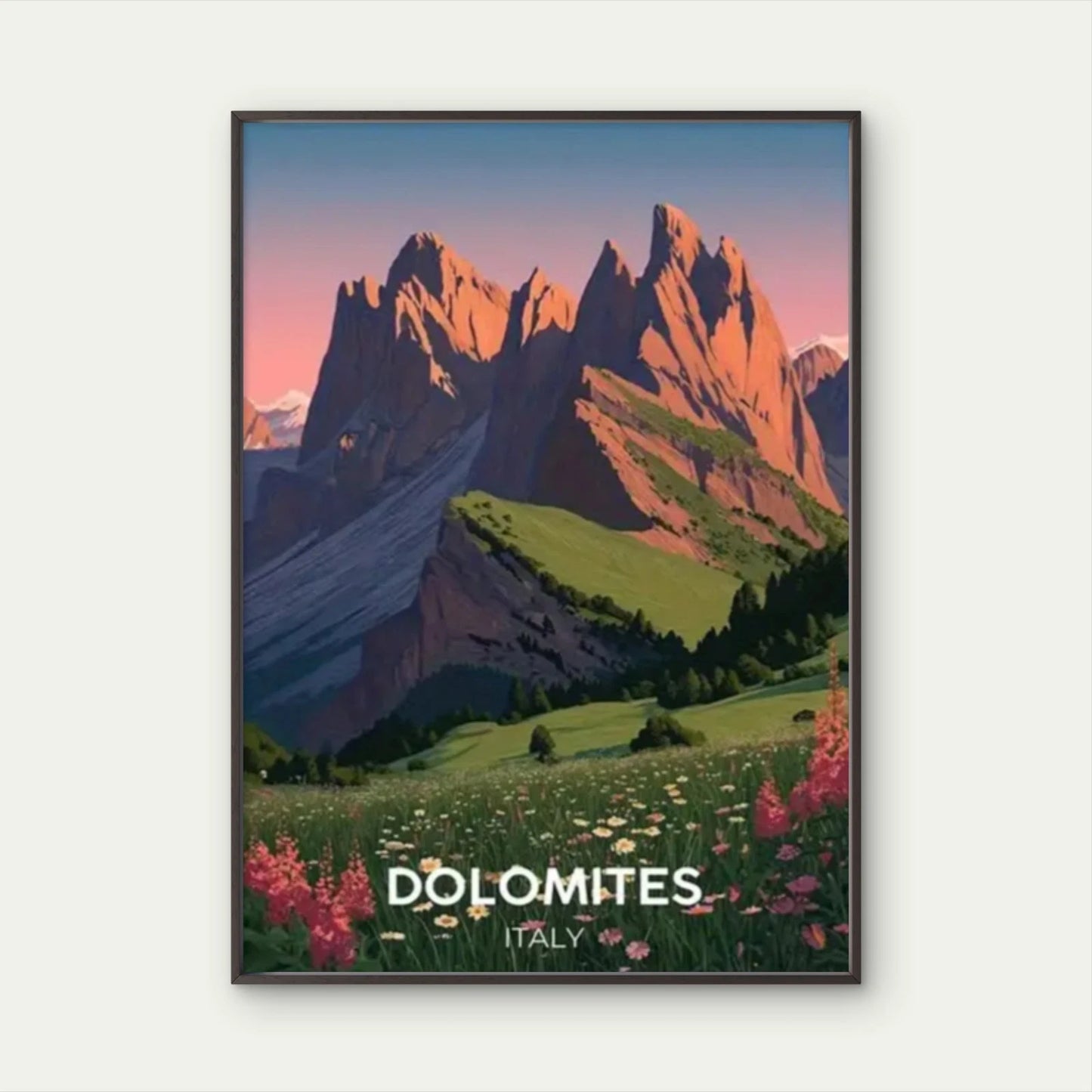 Dolomites Italy Pink Sky Alps Wildflowers Peaks Travel Poster Print Wall Art