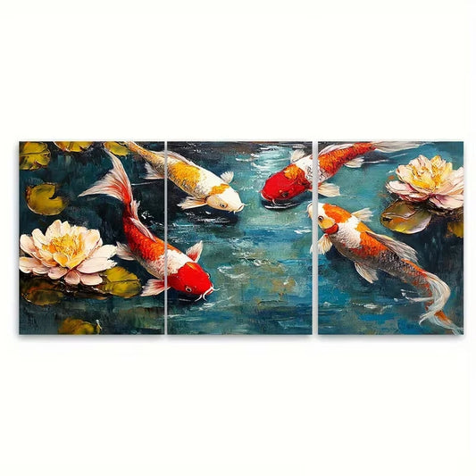 3pcs Koi Fish Painting Metal Print Ready to Hang Art
